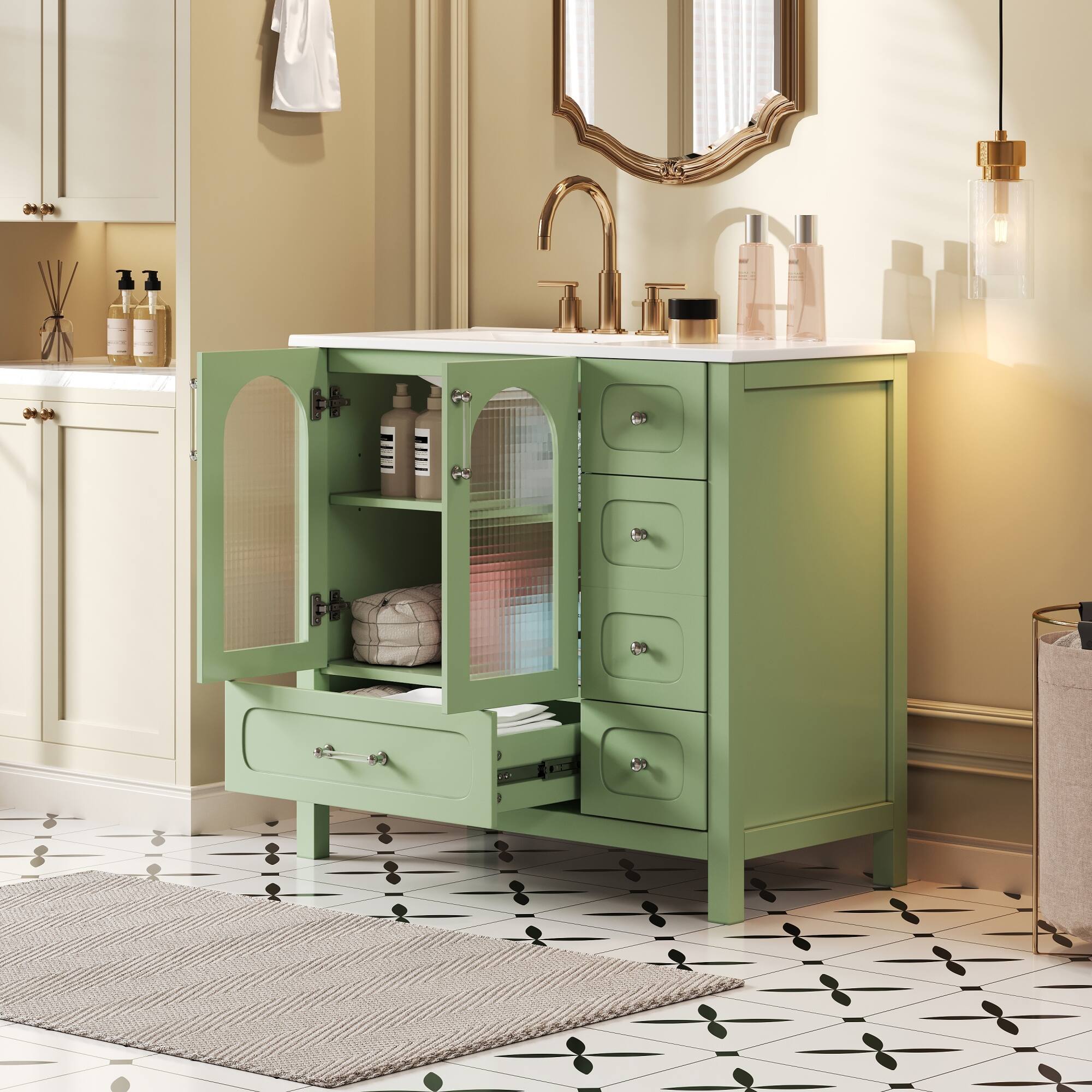 Alt View 7. Glintex - 36" Bathroom Vanity with Sink, Waffle Texture Doors, 4 Drawers, 2 Soft-Close Doors, Glass Storage Cabinet - Green.