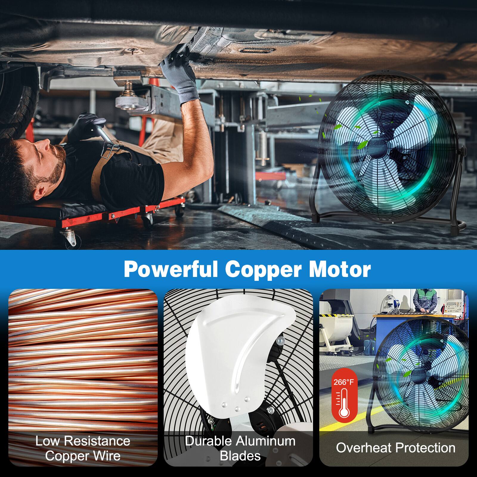 Powerful Copper Motor  
266°F  
Low Resistance Copper Wire  
Durable Aluminum Blades  
Overheat Protection