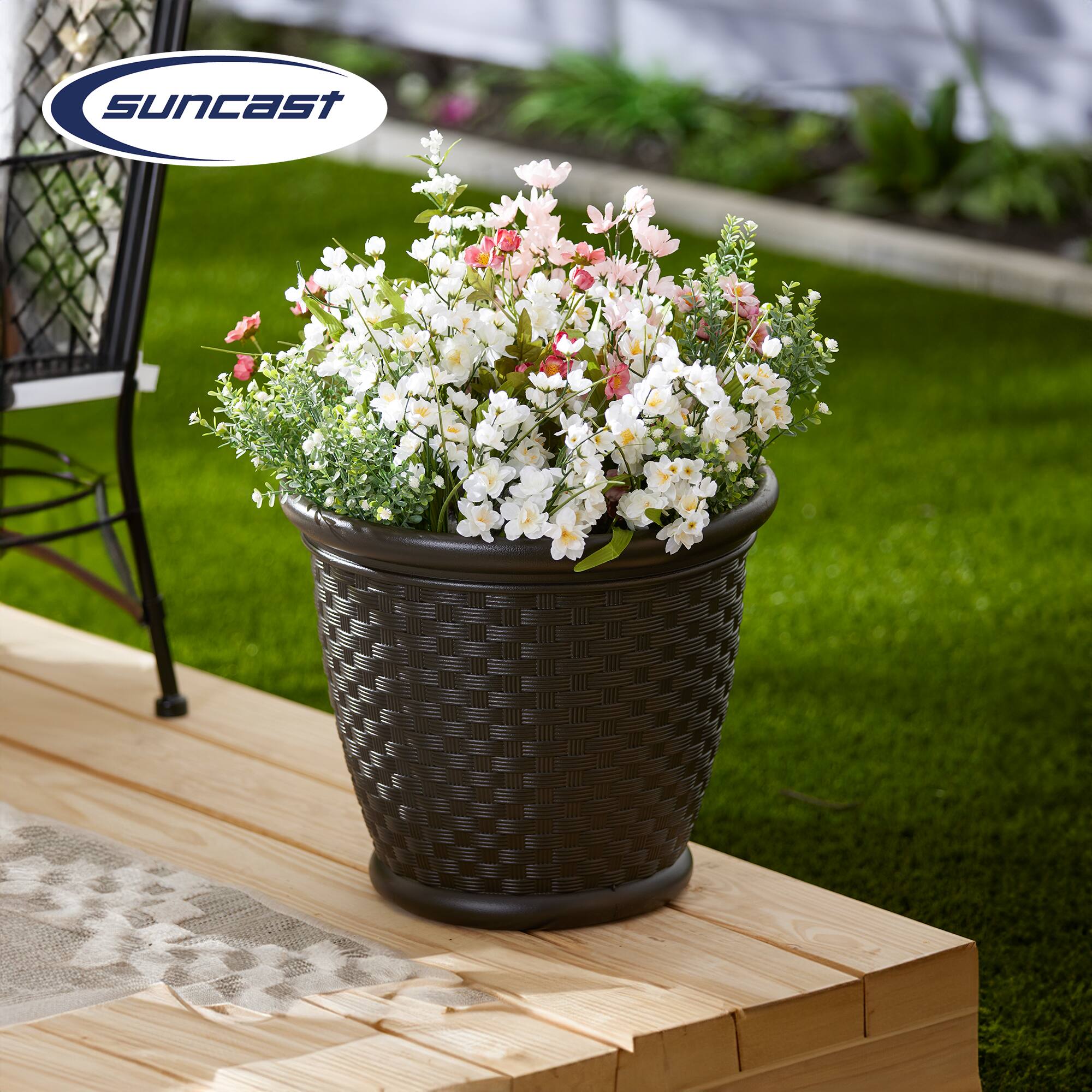 Alt View 2. Suncast - Suncast Sonora 18 Inch Resin Wicker Decorative Flower Planter, Brown (4 Pack) - Brown.