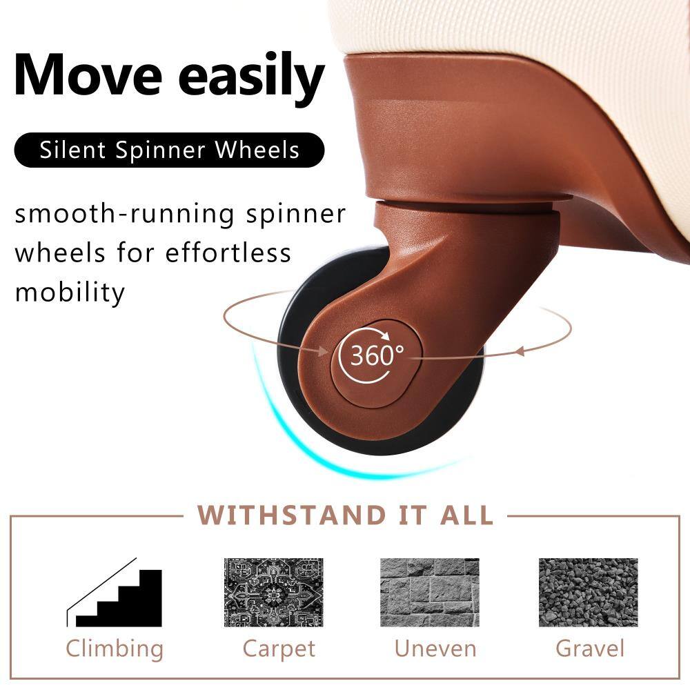 Move easily  
Silent Spinner Wheels  
smooth-running spinner wheels for effortless mobility  

WITHSTAND IT ALL  
Climbing  
Carpet  
Uneven  
Gravel