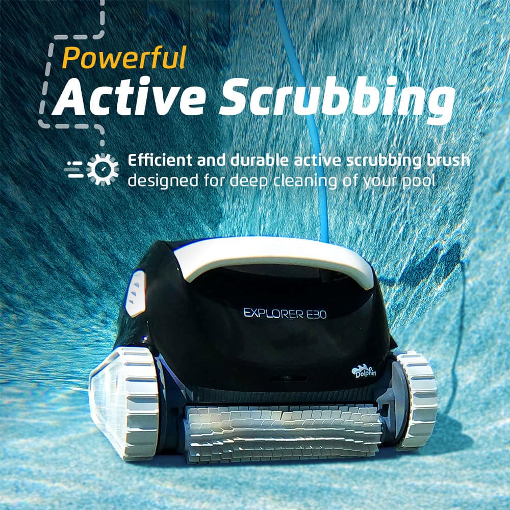 Powerful Active Scrubbing: Efficient and durable active scrubbing brush designed for deep cleaning of your pool. Explorer E30 Dolphin.