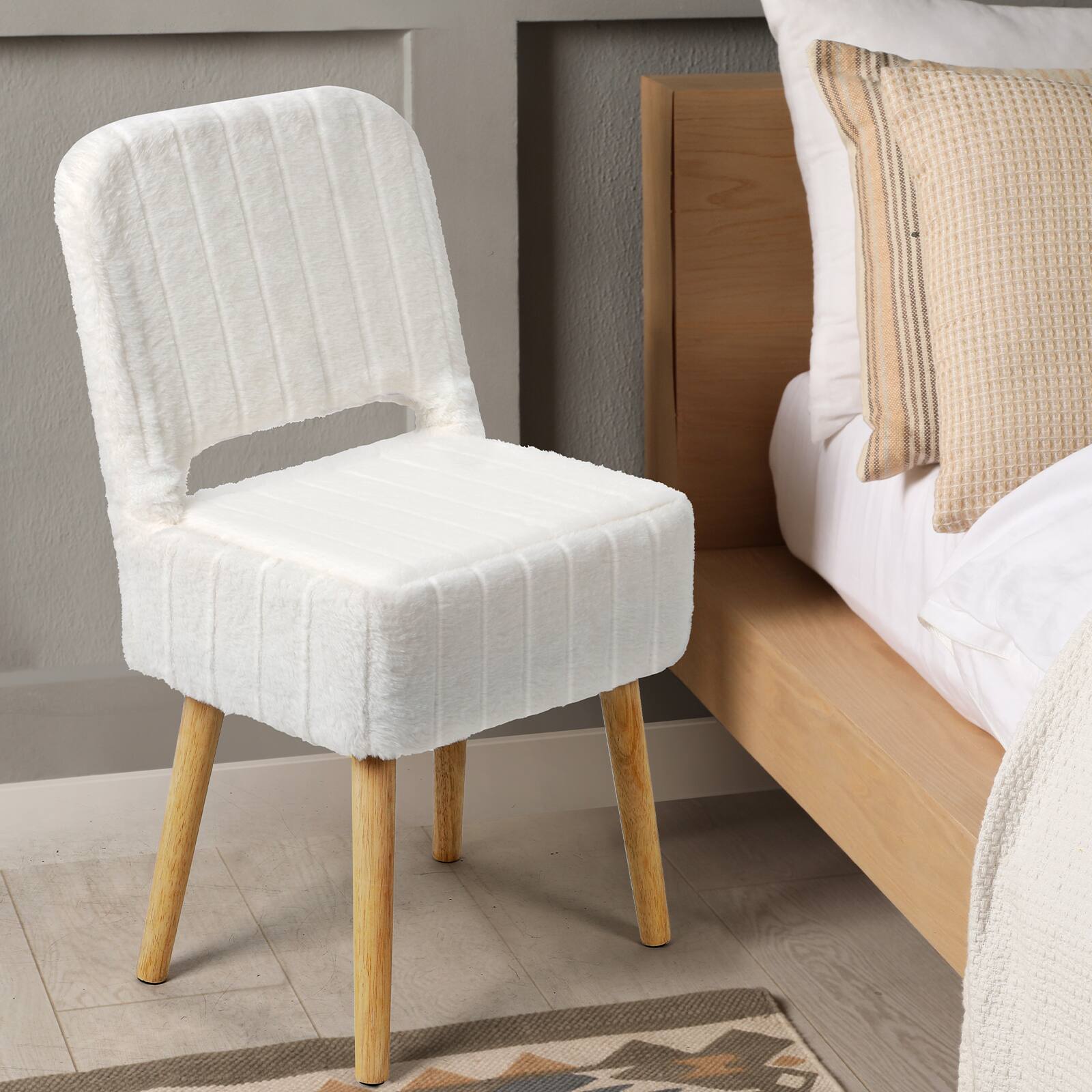 Alt View 2. Oumilen - White Faux Rabbit Fur Storage Vanity Chair – Foldable Hollow Back Makeup Stool with 4 Wood Legs - White.