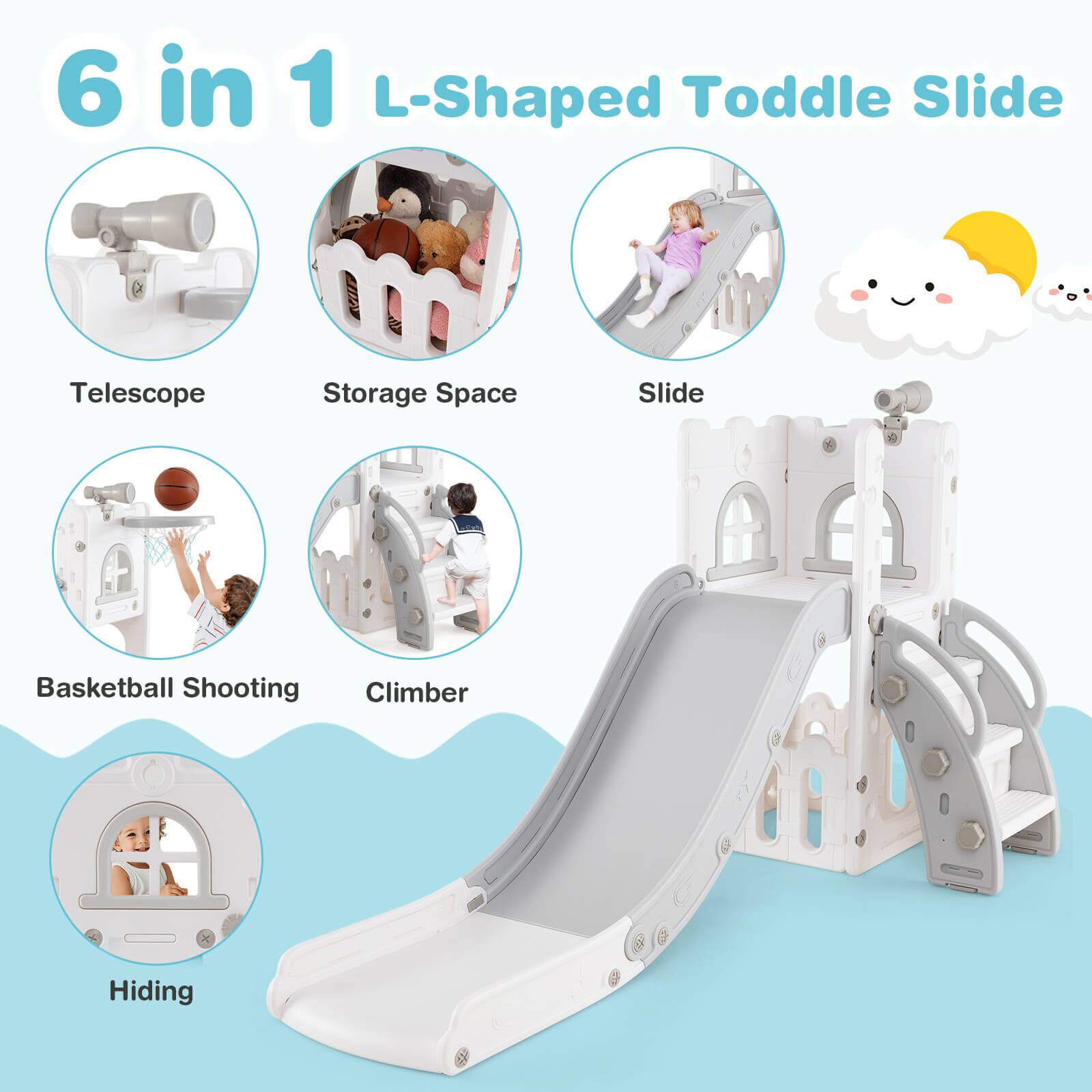 6 in 1 L-Shaped Toddle Slide

- Telescope
- Storage Space
- Slide
- Basketball Shooting
- Climber
- Hiding