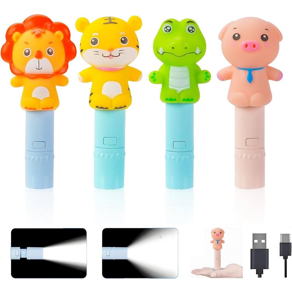 Front. ACJPR - 4 Pack Small Mini Cute Kids Flashlights, Rechargeable Animal Flashlights, Christmas Gifts Stocking Stuffers.