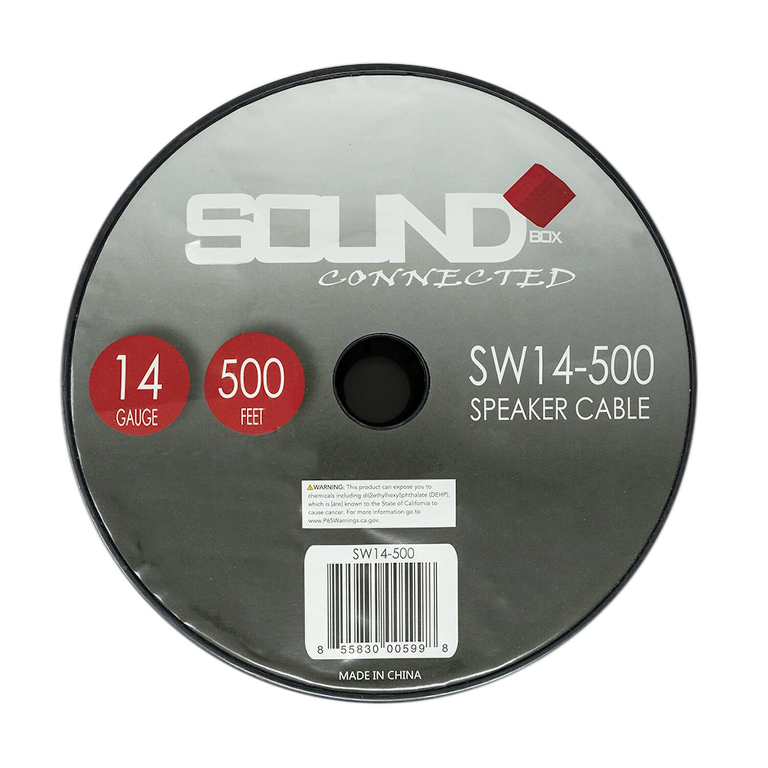 SOUND BOX CONNECTED  
14 GAUGE 500 FEET  
SW14-500 SPEAKER CABLE  

WARNING: This product exposes you to chemicals including di(2-ethylhexyl)phthalate (DEHP), which is known to the State of California to cause cancer. For more information, go to www.P65Warnings.ca.gov.  

SW14-500  
8 55830 00599 8  

MADE IN CHINA