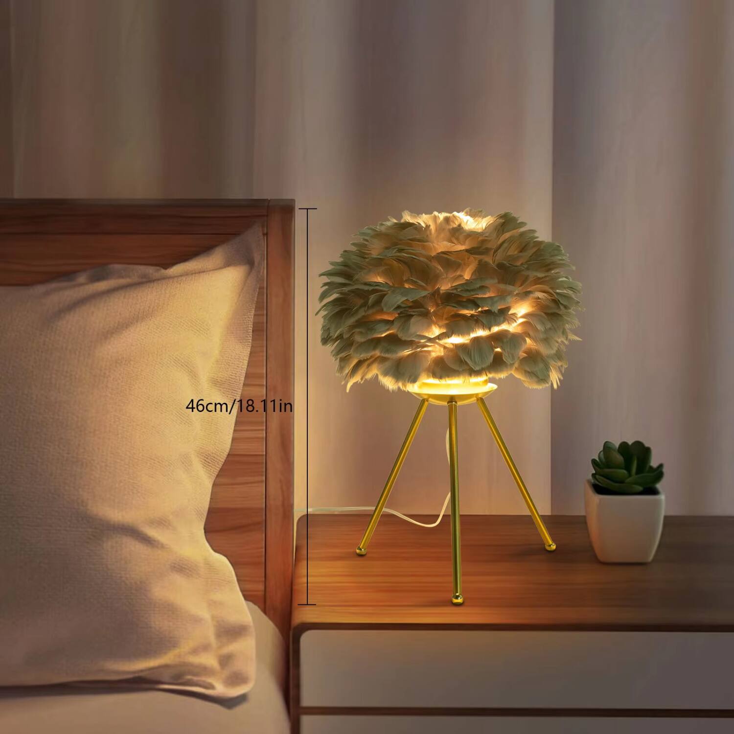 Angle. Luckbyte - Gray Feather Table Lamp E26 Bedside Reading Light Gold Gray Decor Lamp With 3 Support Feet - Gery.