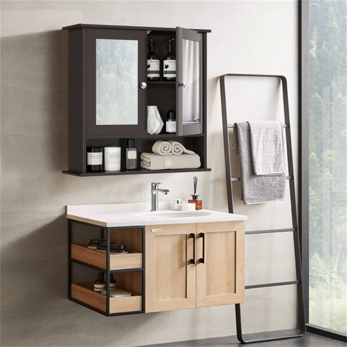 Angle. SlickBlue - Compact Bathroom Cabinet with Mirror, Modern Wall Cabinet for Bathroom Storage - Brown.