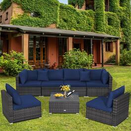 Gymax - 7PCS Patio Rattan Sectional Sofa Set Outdoor Furniture Set w/ Cushions - Navy