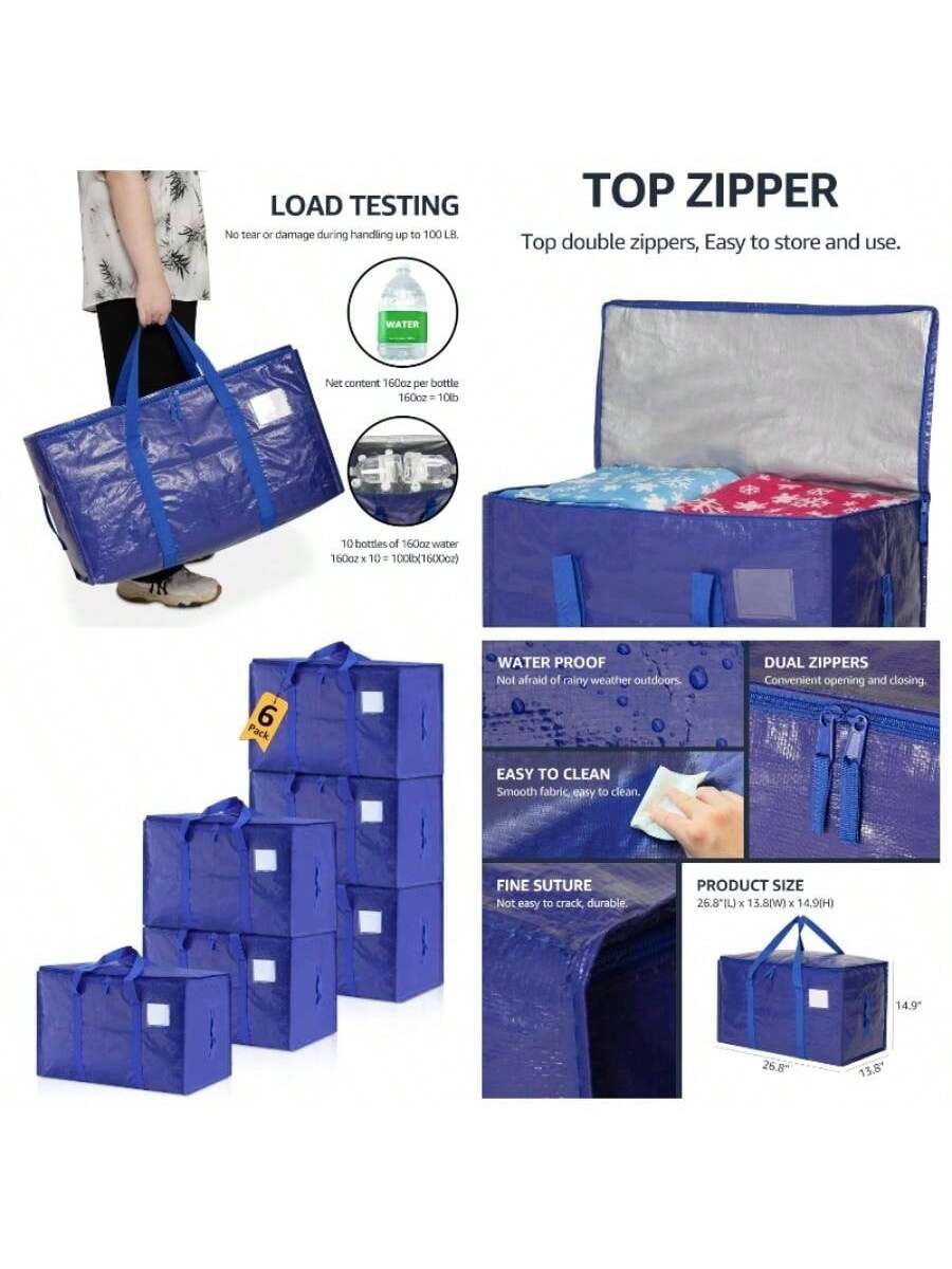 **LOAD TESTING**  
No tear or damage during handling up to 100 LB.  
Net content 160oz per bottle  
10 bottles of 160oz water  
160oz x 10 = 100lb (1600oz)

**TOP ZIPPER**  
Top double zippers, Easy to store and use.

**WATER PROOF**  
Not afraid of rainy weather outdoors

**DUAL ZIPPERS**  
Convenient opening and closing.

**EASY TO CLEAN**  
Smooth fabric, easy to clean.

**FINE SUTURE**  
Not easy to crack, durable.

**PRODUCT SIZE**  
26.8" (L) x 13.8" (W) x 14.9" (H)