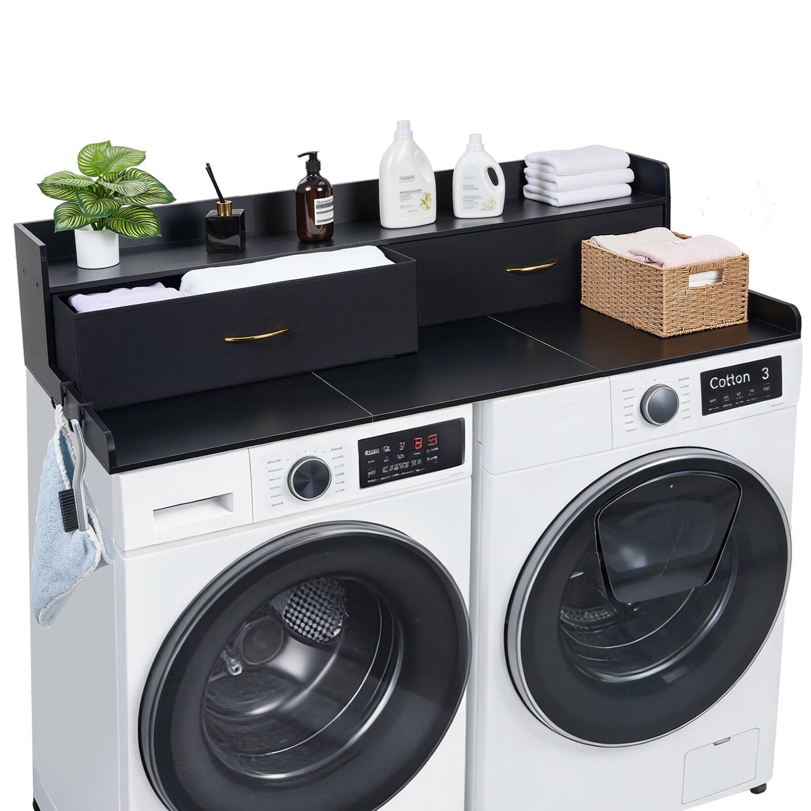Alt View 5. VEVOR - Washer Dryer Countertop with Shelf, 54 x 27.5 in Wooden Washer and Dryer Topper with 2 Drawers & 2 Hooks - Black.