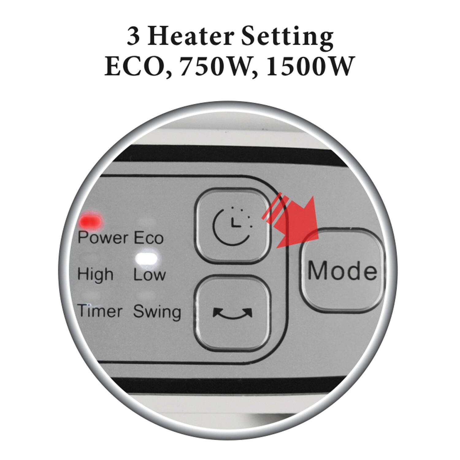 3 Heater Setting  
ECO, 750W, 1500W  

Power Eco  
High Low  
Timer Swing  

Mode