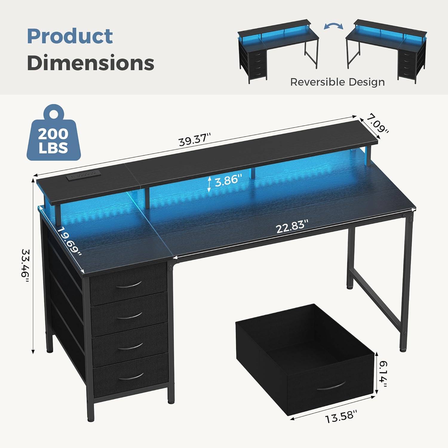 Product Dimensions  
Reversible Design  
200 LBS  
39.37"  
7.09"  
3.86"  
33.46"  
19.69"  
22.83"  
6.14"  
13.58"