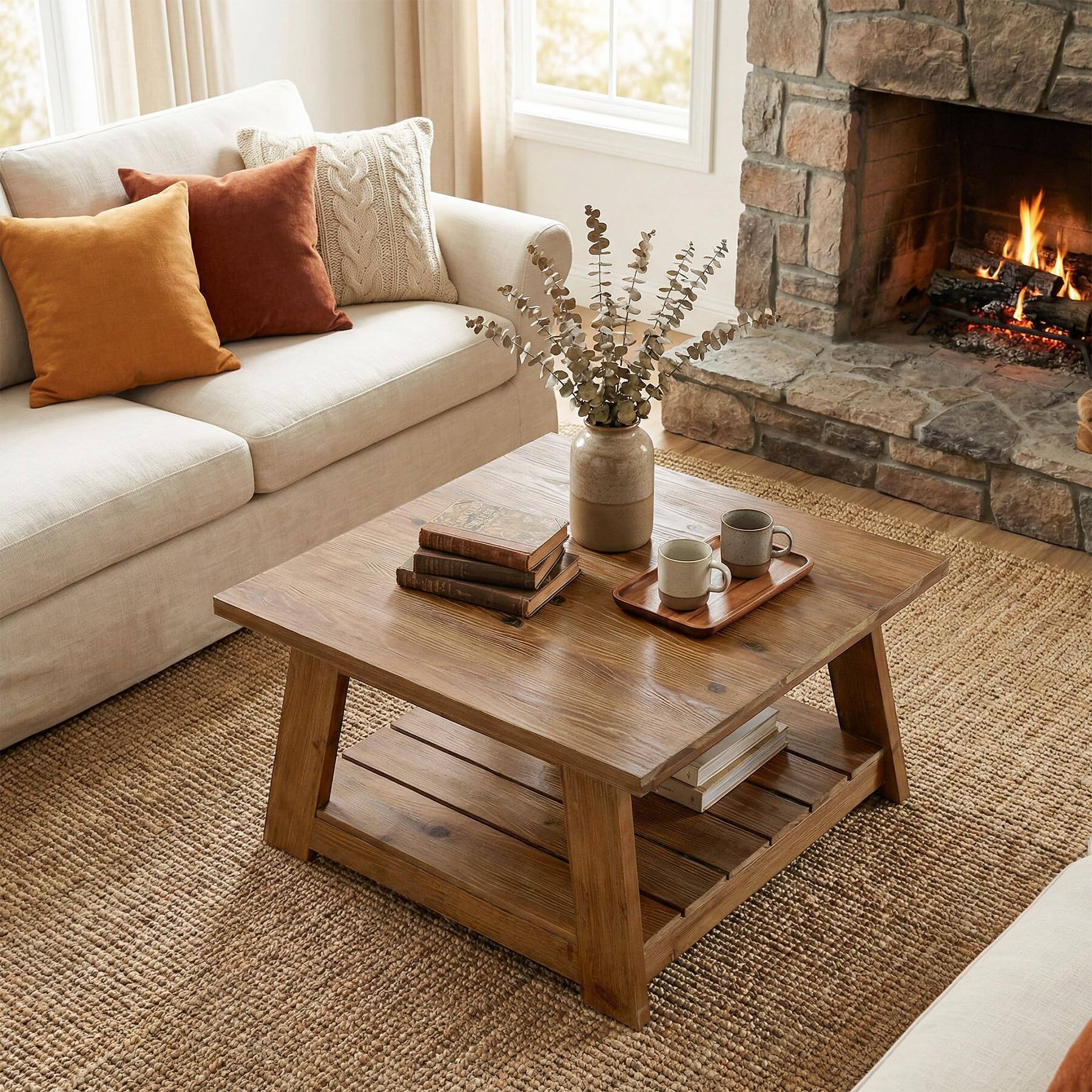 Alt View 3. Tribesigns - 31.5" Solid Wood Square Coffee Table, 2-Tier Storage, Living Room - Vintage Brown.