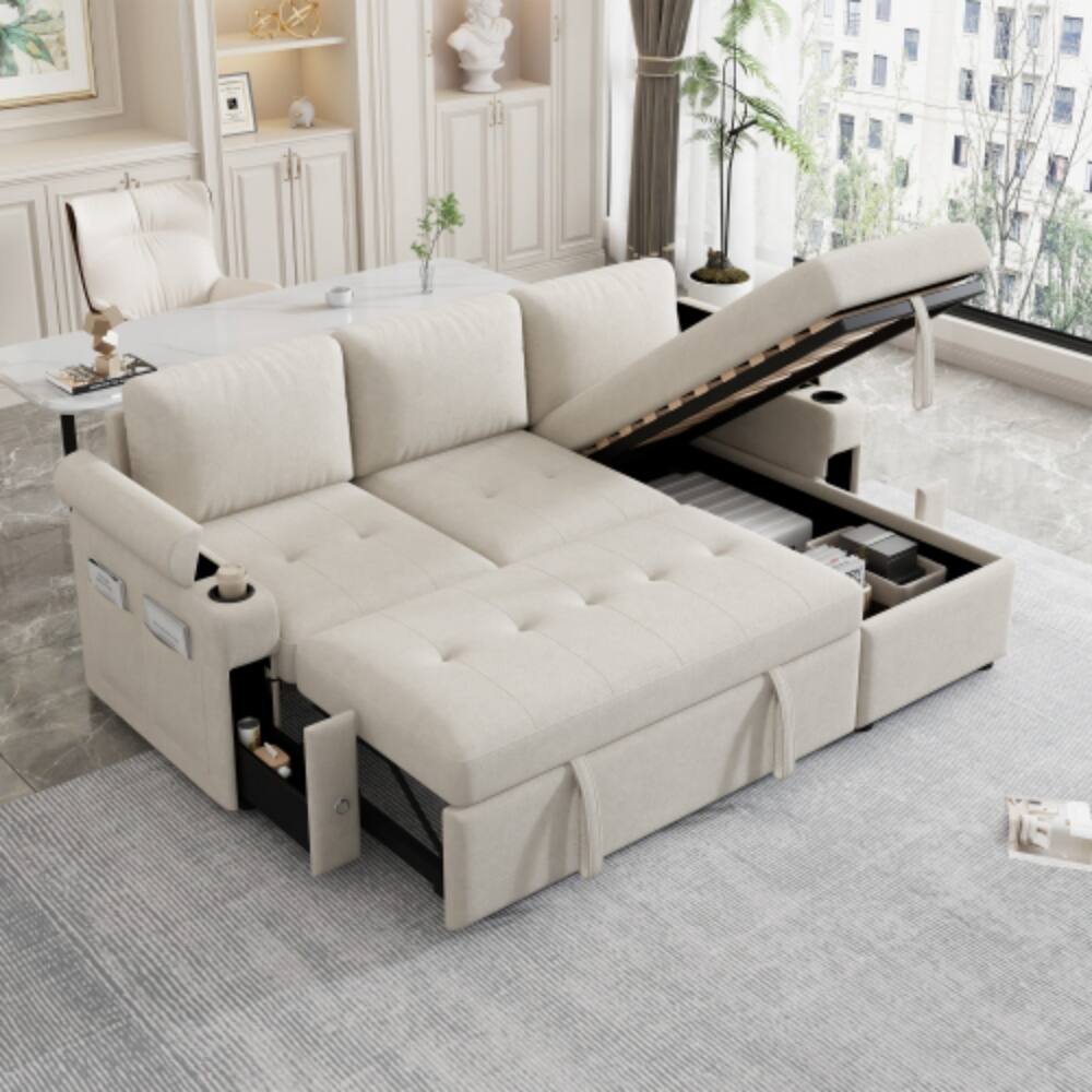 Angle. LUCKY ONE - 83.5" L-Shaped Convertible Sofa Bed w/ Storage Cup Holders USB Ports Chaise - Beige.