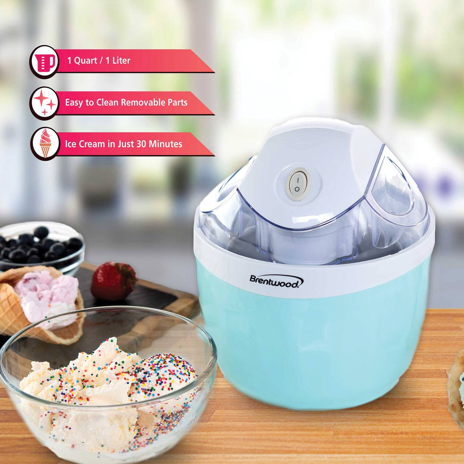 1 Quart / 1 Liter  
Easy to Clean Removable Parts  
Ice Cream in Just 30 Minutes  
Brentwood