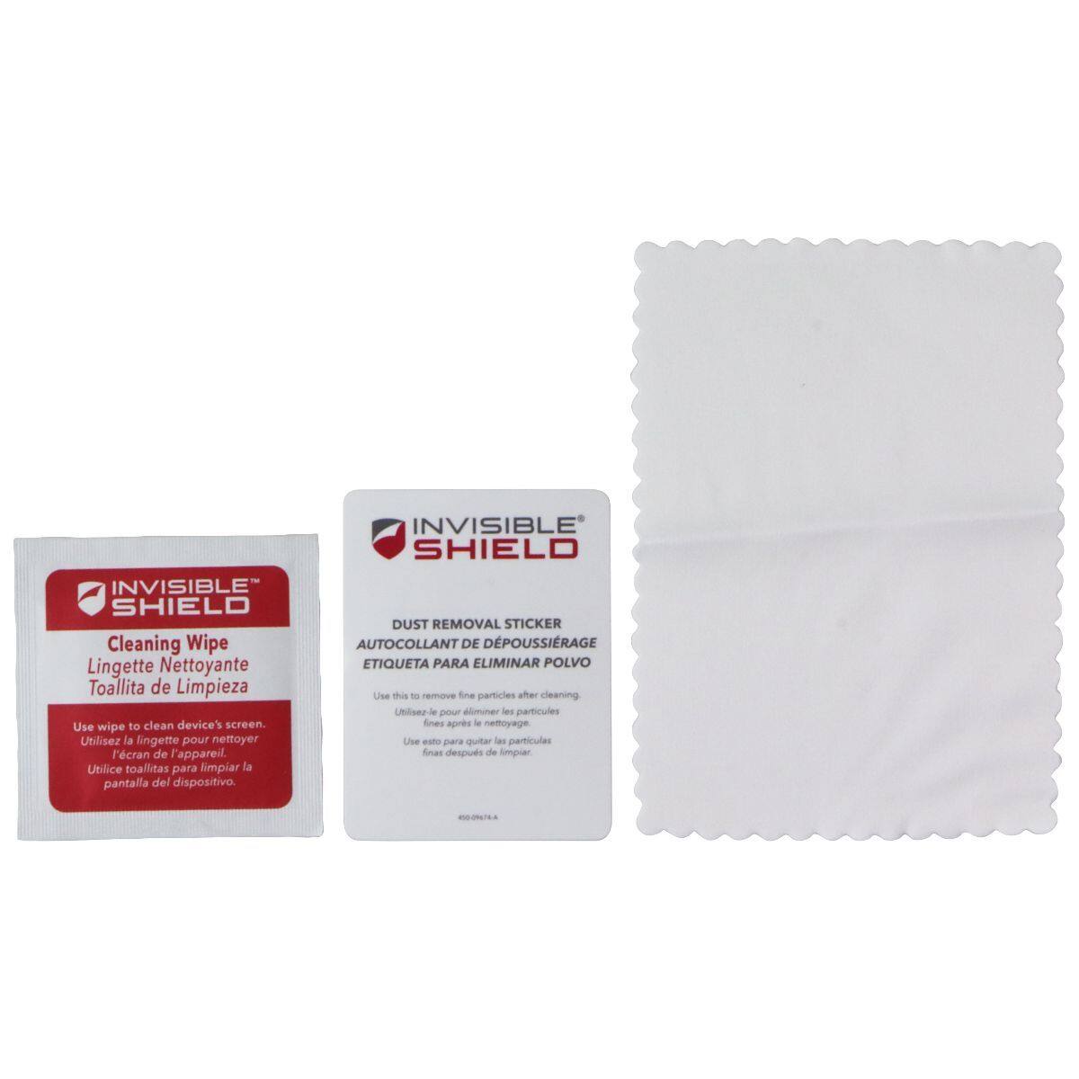 INVISIBLE SHIELD Cleaning Wipe Lingette Nettoyante Toallita de Limpieza  
Use wipe to clean device's screen.  
Utilisez la lingette pour nettoyer l'écran de l'appareil.  
Utilice toallitas para limpiar la pantalla del dispositivo.

INVISIBLE SHIELD DUST REMOVAL STICKER AUTOCOLLANT DE DÉPOUSIÉRAGE ETIQUETA PARA ELIMINAR POLVO  
Use this to remove fine particles after cleaning.  
Utilisez-le pour éliminer les particules fines après nettoyage.  
Use esto para quitar las partículas finas después de limpiar.