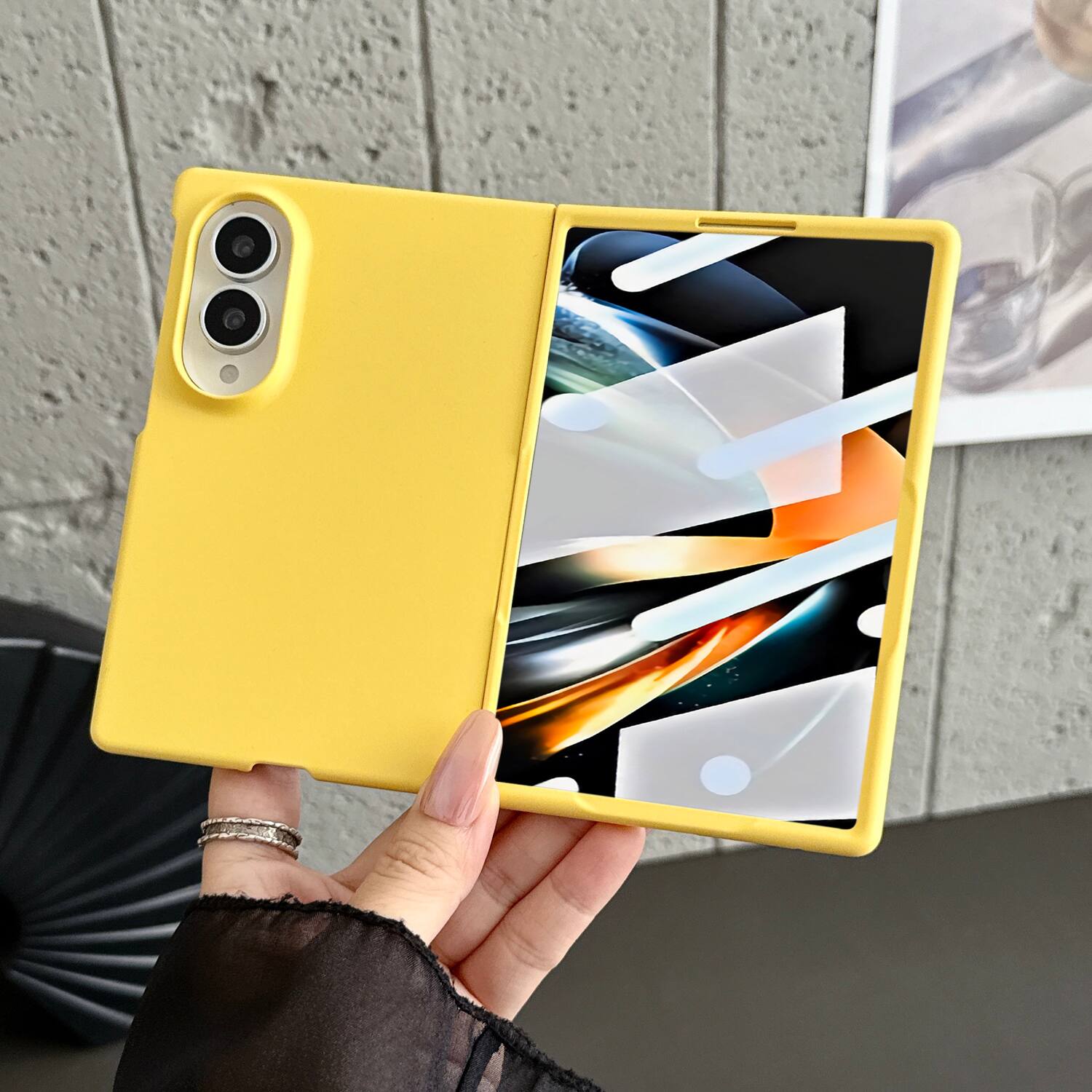 Angle. Dteck - for Samsung Galaxy Z Fold8 Rugged Slim Case with Built-in Tempered Glass Protector,Skin-Friendly Shockproof PC Cover - Yellow.