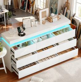 Dyonery - 9-Drawer Dresser with LED Lights and Charging Station, Modern Wide Chest of Drawers, Large Storage Cabinet - White