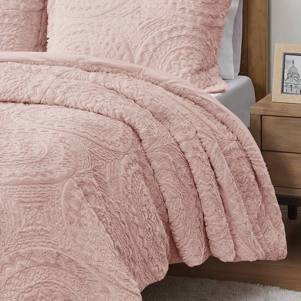 Alt View 1. TinyHomie - King/Cal King Embroidered Medallion Faux Fur Ultra Plush Comforter Mini Set - Blush.