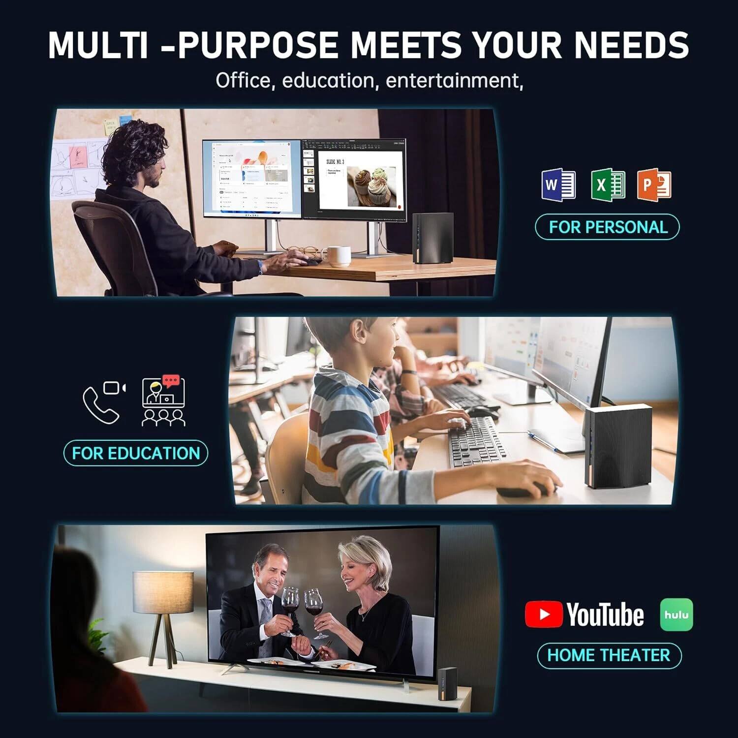 MULTI -PURPOSE MEETS YOUR NEEDS  
Office, education, entertainment,  
FOR PERSONAL  
FOR EDUCATION  
HOME THEATER  
YouTube  
hulu