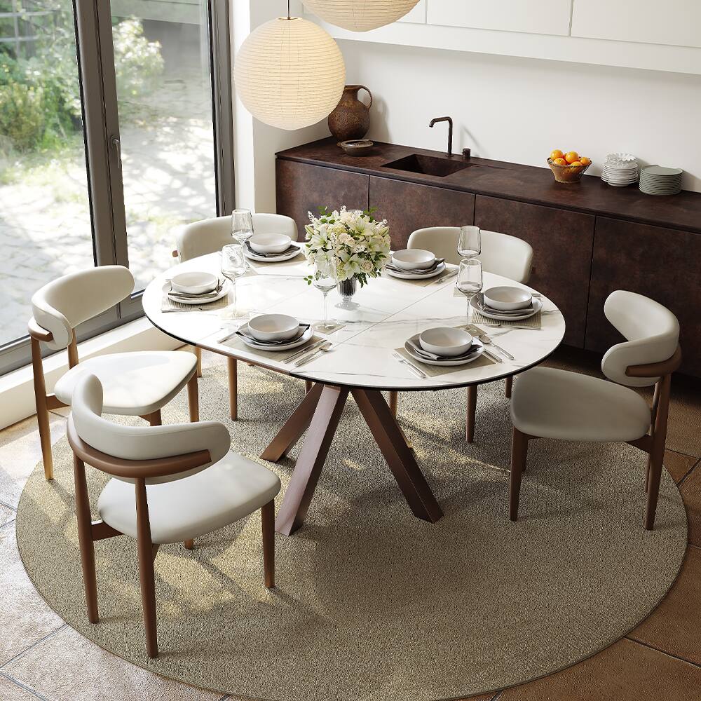 Front. POVISON - 47"-63"Round Extendable Dining Table for 4-6, White Glossy Sintered Stone & Glass Top, Bronze Steel Base - White.