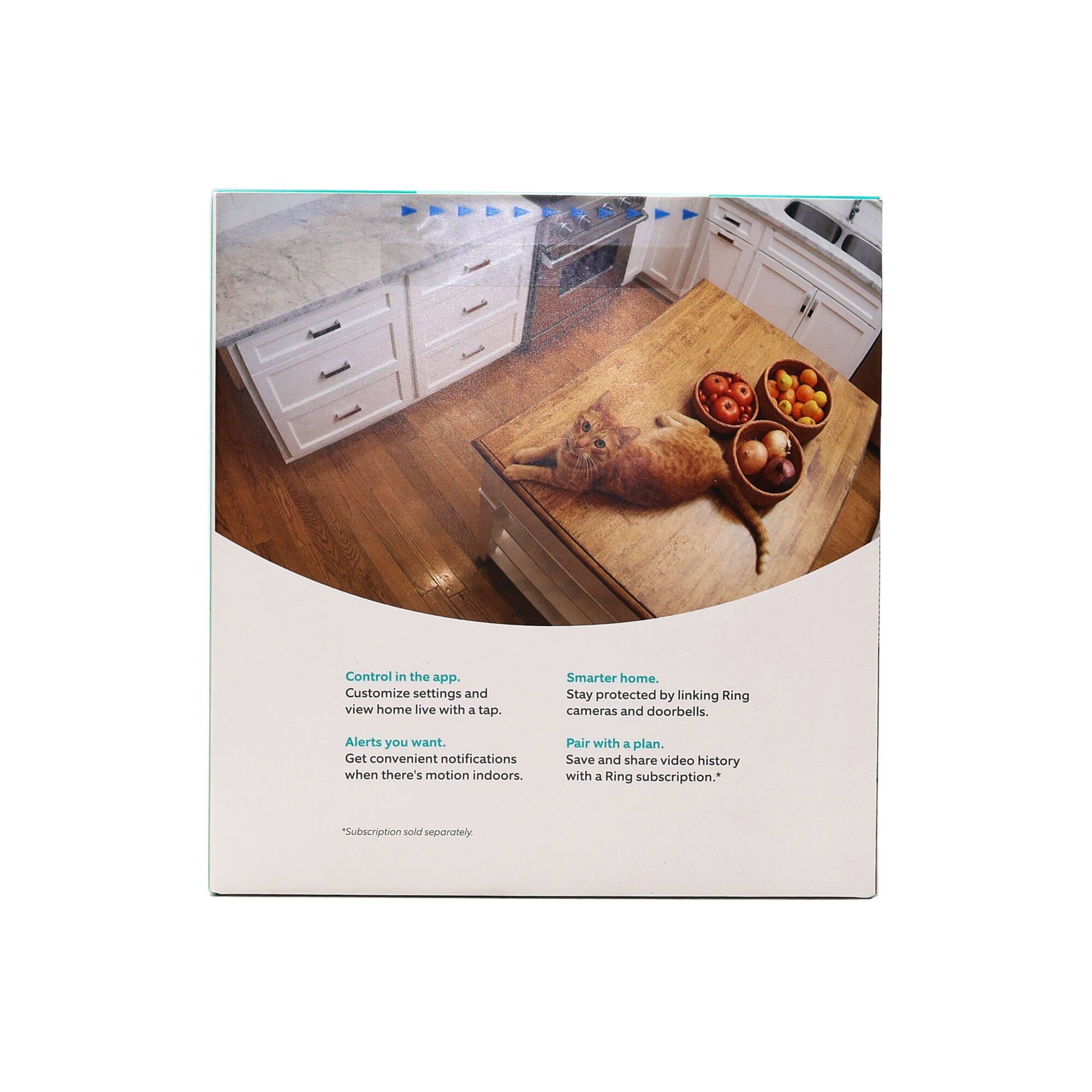 Control in the app. Customize settings and view home live with a tap. Smarter home. Stay protected by linking Ring cameras and doorbells. Alerts you want. Get convenient notifications when there's motion indoors. Pair with a plan. Save and share video history with a Ring subscription. *Subscription sold separately.