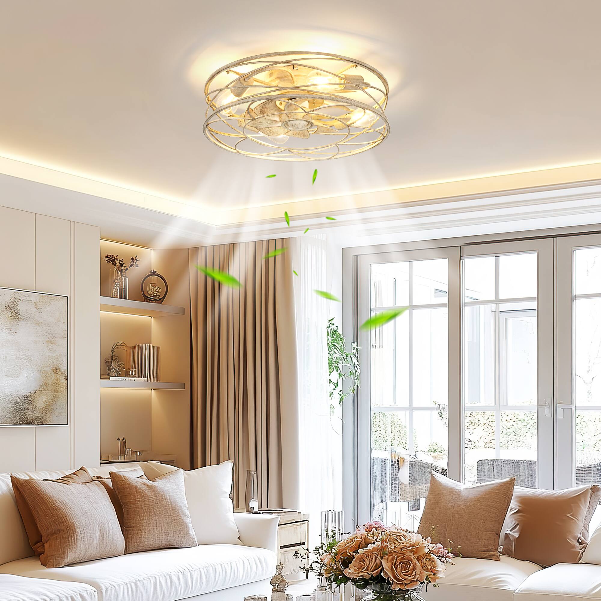 Alt View 2. JAZAVA - 20-Inch White and Gold Low Profile Indoor Ceiling Fan with Light, 100-240V - White and Gold.