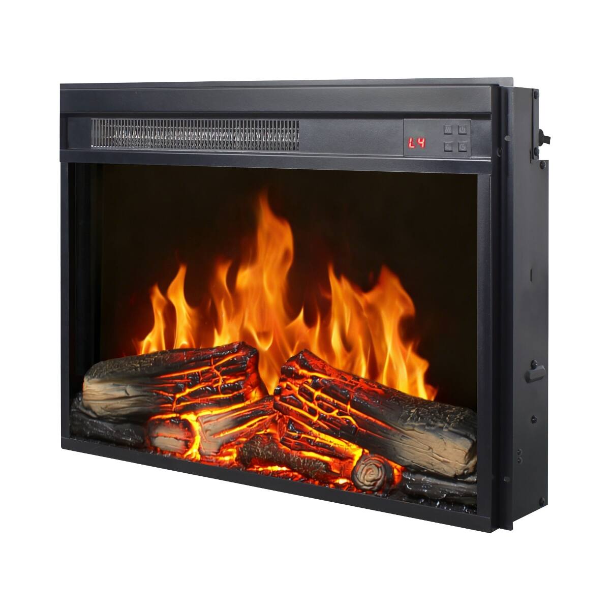 Left. Loheer - Loheer 23 inch electric fireplace insert, ultra thin heater with log set, 1400W, Antique Black - Antique Black.