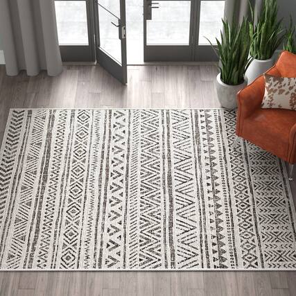 Front. Hivvago - 5 ft. x 8 ft. Black Off-White Chevron Coastal Boho Style Indoor Outdoor Area Rug - Black, Off-White.