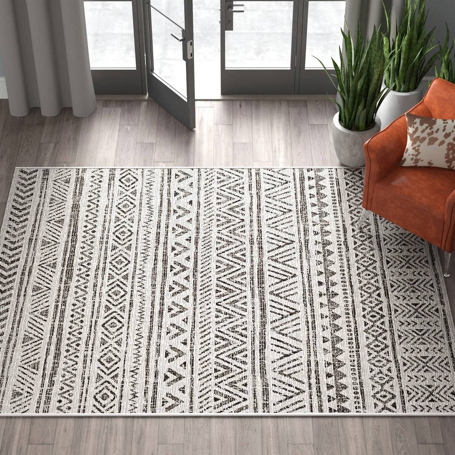 Front. Hivvago - 5 ft. x 8 ft. Black Off-White Chevron Coastal Boho Style Indoor Outdoor Area Rug - Black, Off-White.