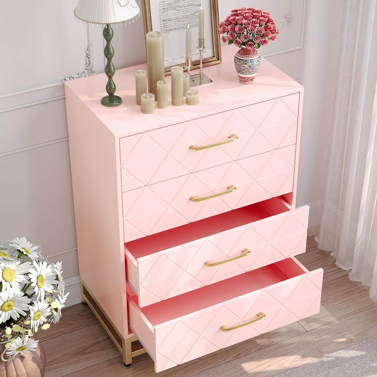 Qeetex - Small Dresser with Drawers,4 Drawer Dresser,Dresser for Bedroom,Chest of Drawers for Bedroom,Metal Handles and Legs - Pink