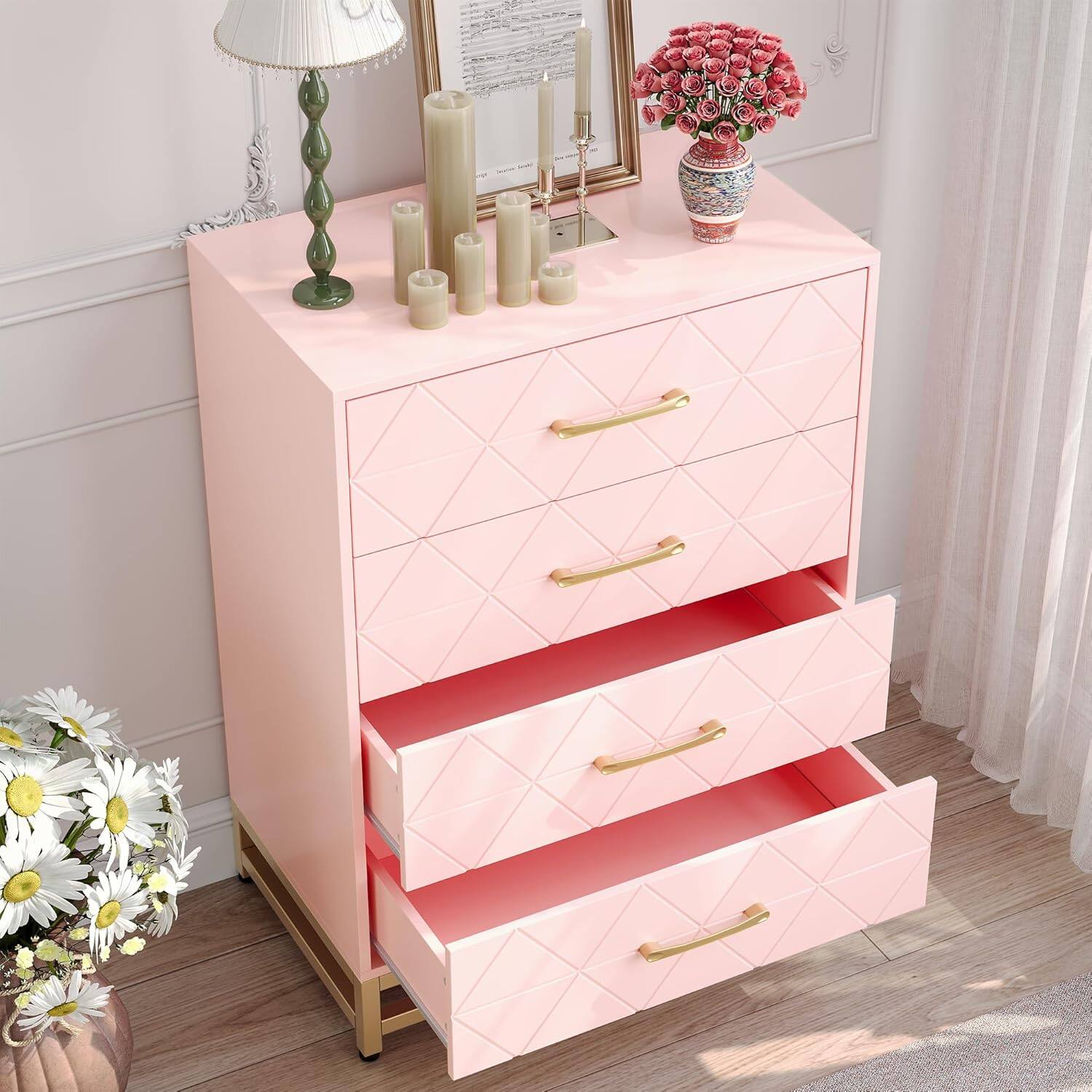 Front. Qeetex - Small Dresser with Drawers,4 Drawer Dresser,Dresser for Bedroom,Chest of Drawers for Bedroom,Metal Handles and Legs - Pink.