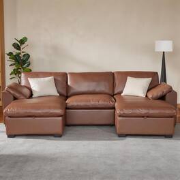 Dyonery - 120-inch modular sectional sofa, 3 Seat U Shaped with storage bench, down-filled, solid wood frame - Brown