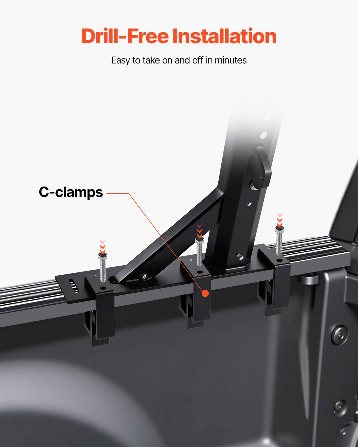 Drill-Free Installation  
Easy to take on and off in minutes  

C-clamps
