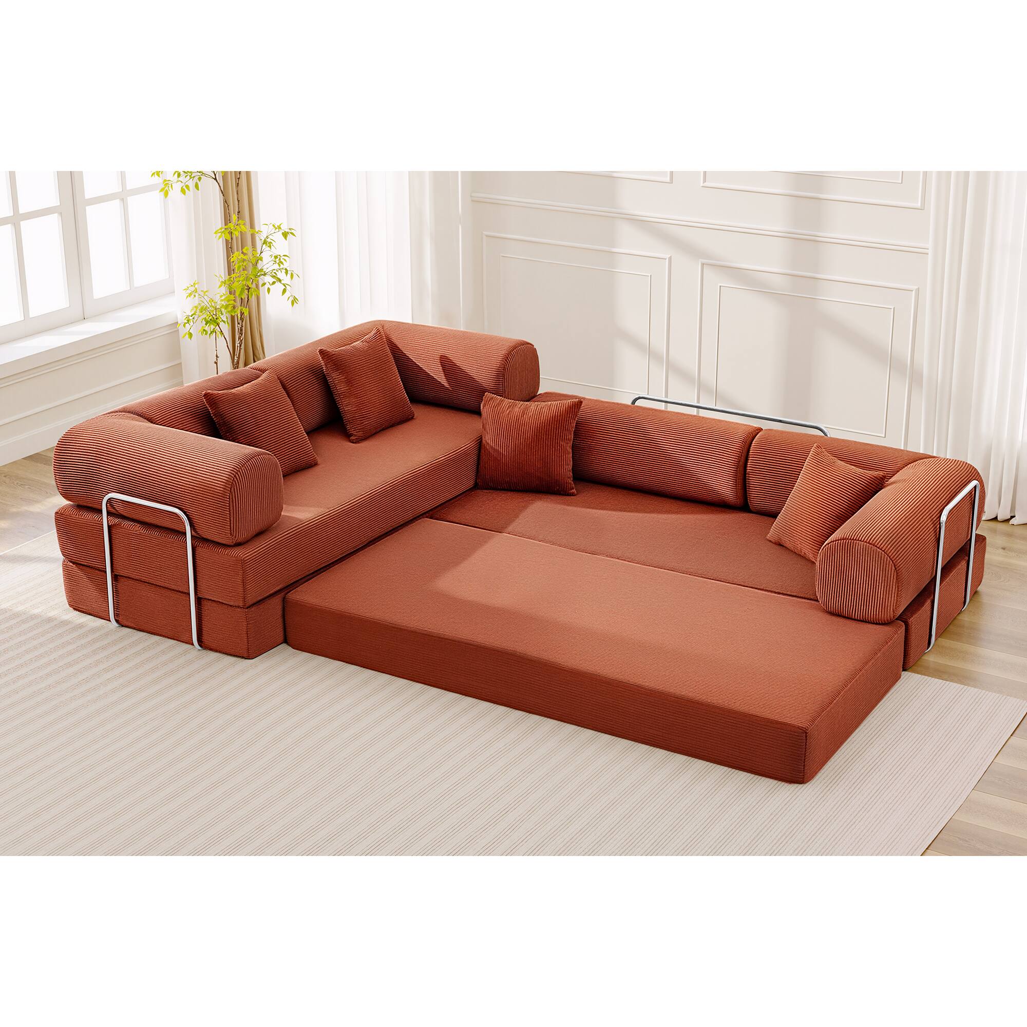 Alt View 7. KERDOM - Upholstered L Shaped Modular Sofa Bed with Chaise, Corduroy Folding Floor Convertible Sofa Couch Bed for Living Room - Pumkin Brown.