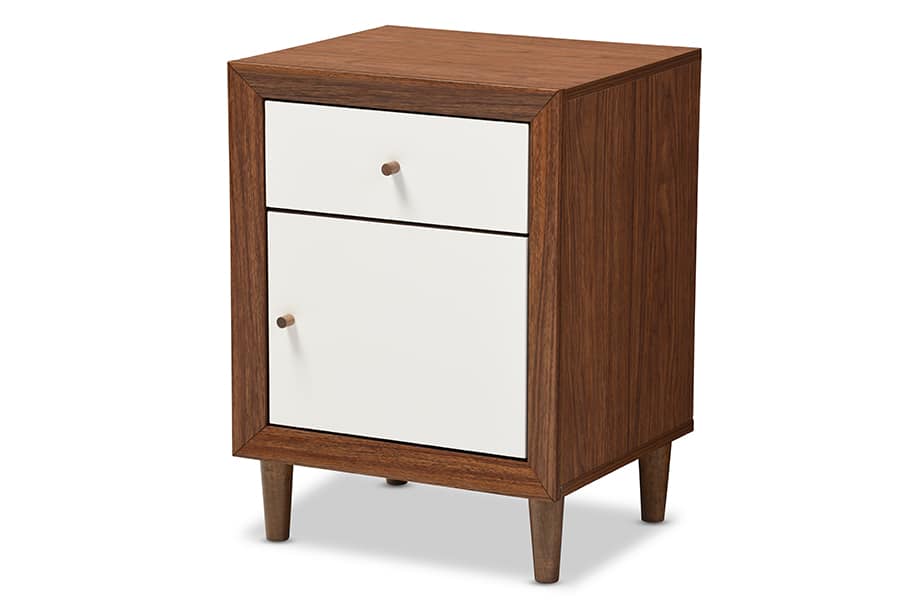 Baxton Studio - Harlow Mid-century Modern Scandinavian Style Wood 1-drawer and 1-door Nightstand - "Walnut" Brown/White