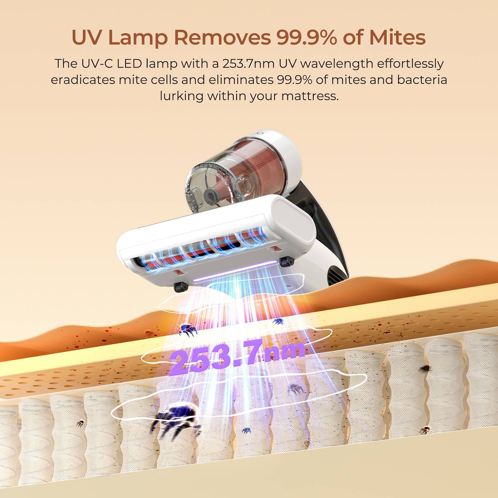 UV Lamp Removes 99.9% of Mites The UV-C LED lamp with a 253.7nm UV wavelength effortlessly eradicates mite cells and eliminates 99.9% of mites and bacteria lurking within your mattress. 253.7nm.
