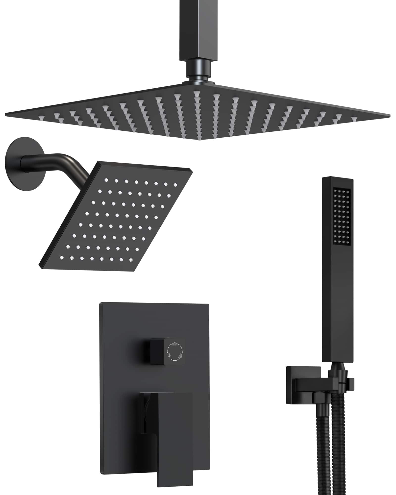 Front. GRANDJOY - Dual Shower System with 10" Ceiling Rain Head, Handheld Sprayer, and Pressure Balance Valve for Modern Bathroom - Matte Black.