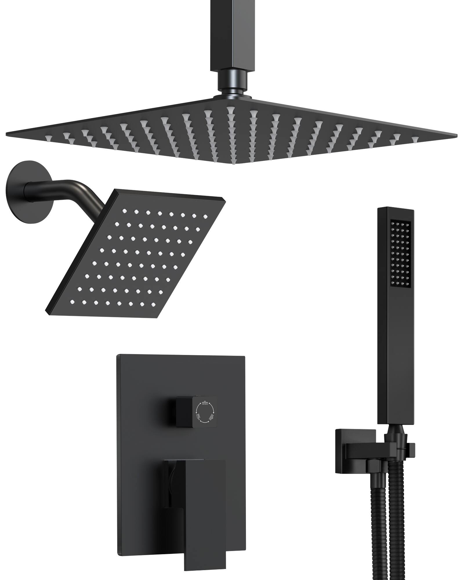 Front. GRANDJOY - Dual Shower System with 10" Ceiling Rain Head, Handheld Sprayer, and Pressure Balance Valve for Modern Bathroom - Matte Black.