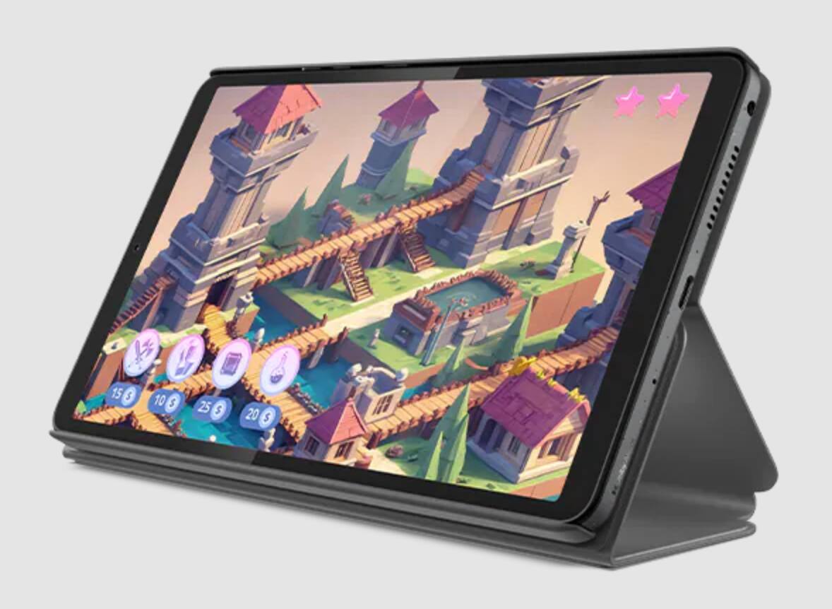 Left. Lenovo - Tab One with Folio Case - MediaTek Helio G85 / 4GB RAM / 64 GB / 8.7" / Android 14 / Luna Grey - Gray.