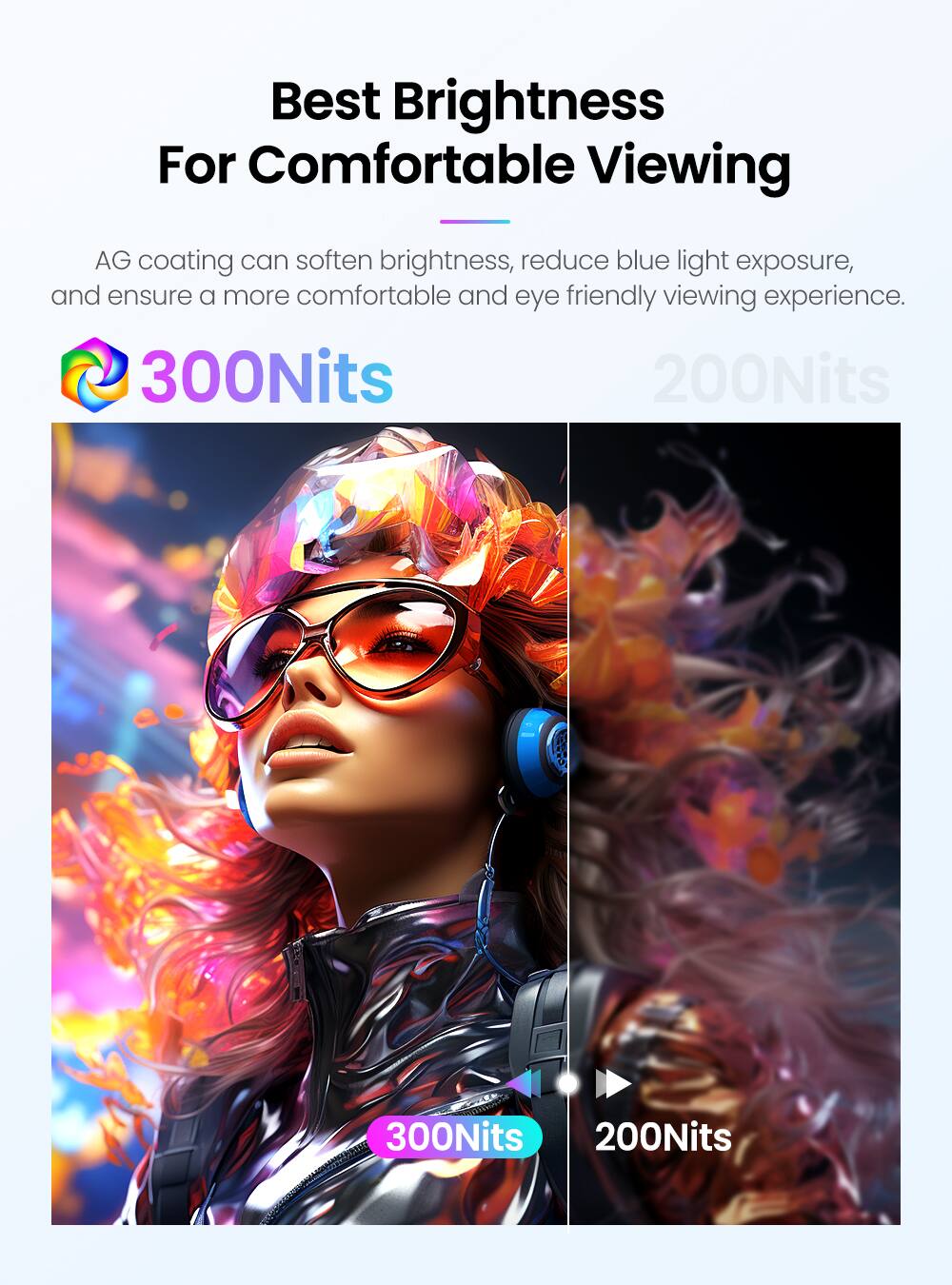 Best Brightness For Comfortable Viewing

AG coating can soften brightness, reduce blue light exposure, and ensure a more comfortable and eye-friendly viewing experience.

300Nits

200Nits