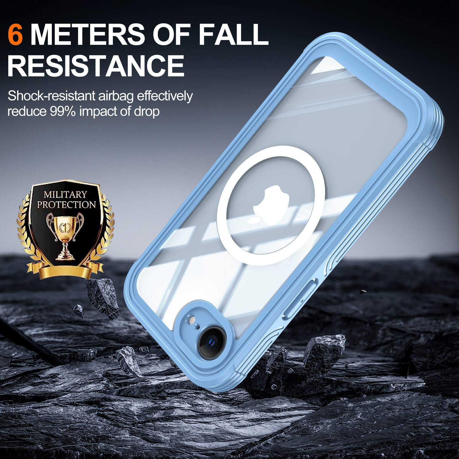 6 METERS OF FALL RESISTANCE  
Shock-resistant airbag effectively reduce 99% impact of drop  
MILITARY PROTECTION