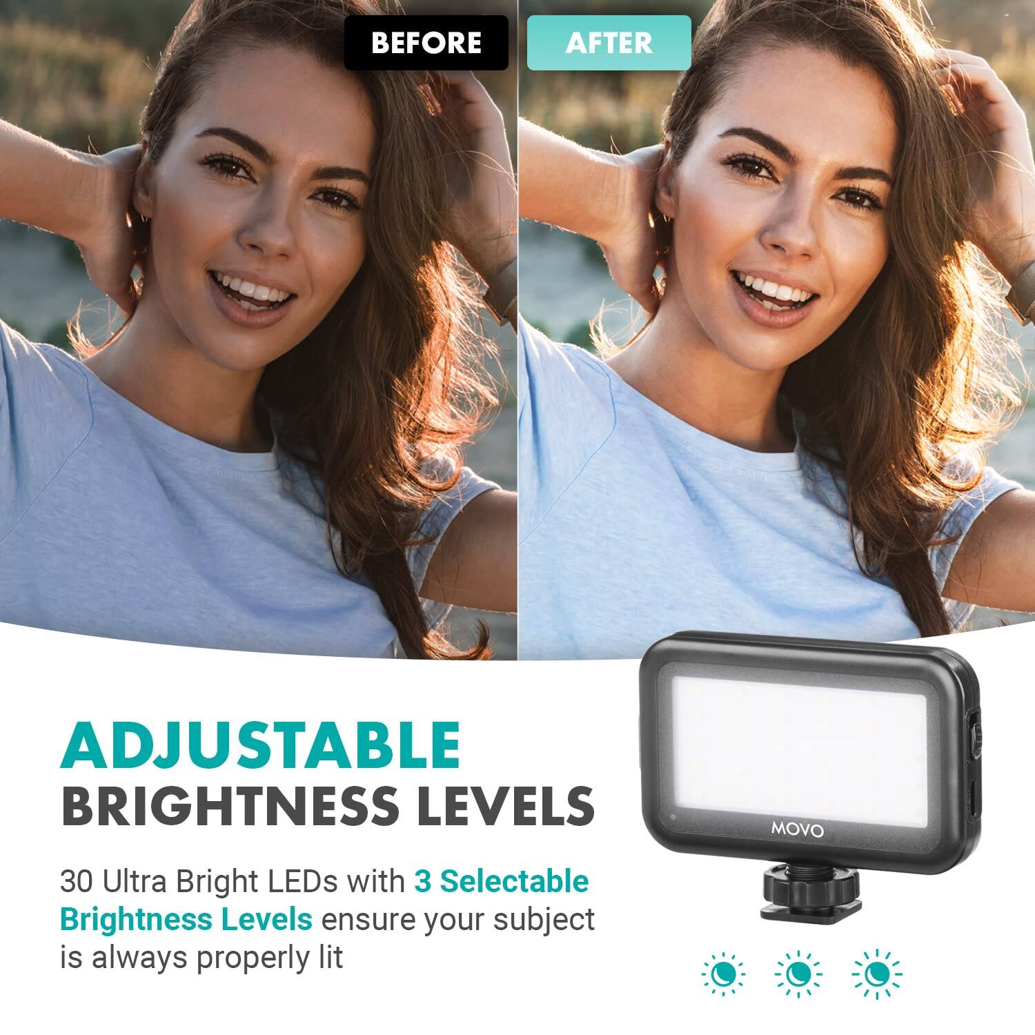 **ADJUSTABLE BRIGHTNESS LEVELS**

30 Ultra Bright LEDs with 3 Selectable Brightness Levels ensure your subject is always properly lit

**BEFORE**  
**AFTER**