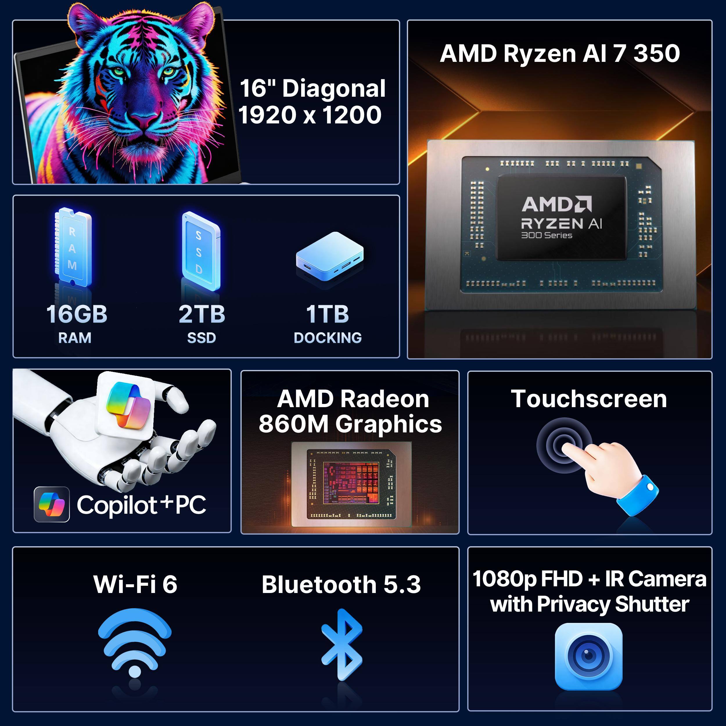 16" Diagonal 1920 x 1200  
AMD Ryzen AI 7 350  
16GB RAM  
2TB SSD  
1TB DOCKING  
AMD Radeon 860M Graphics  
Copilot+PC  
Wi-Fi 6  
Bluetooth 5.3  
1080p FHD + IR Camera with Privacy Shutter