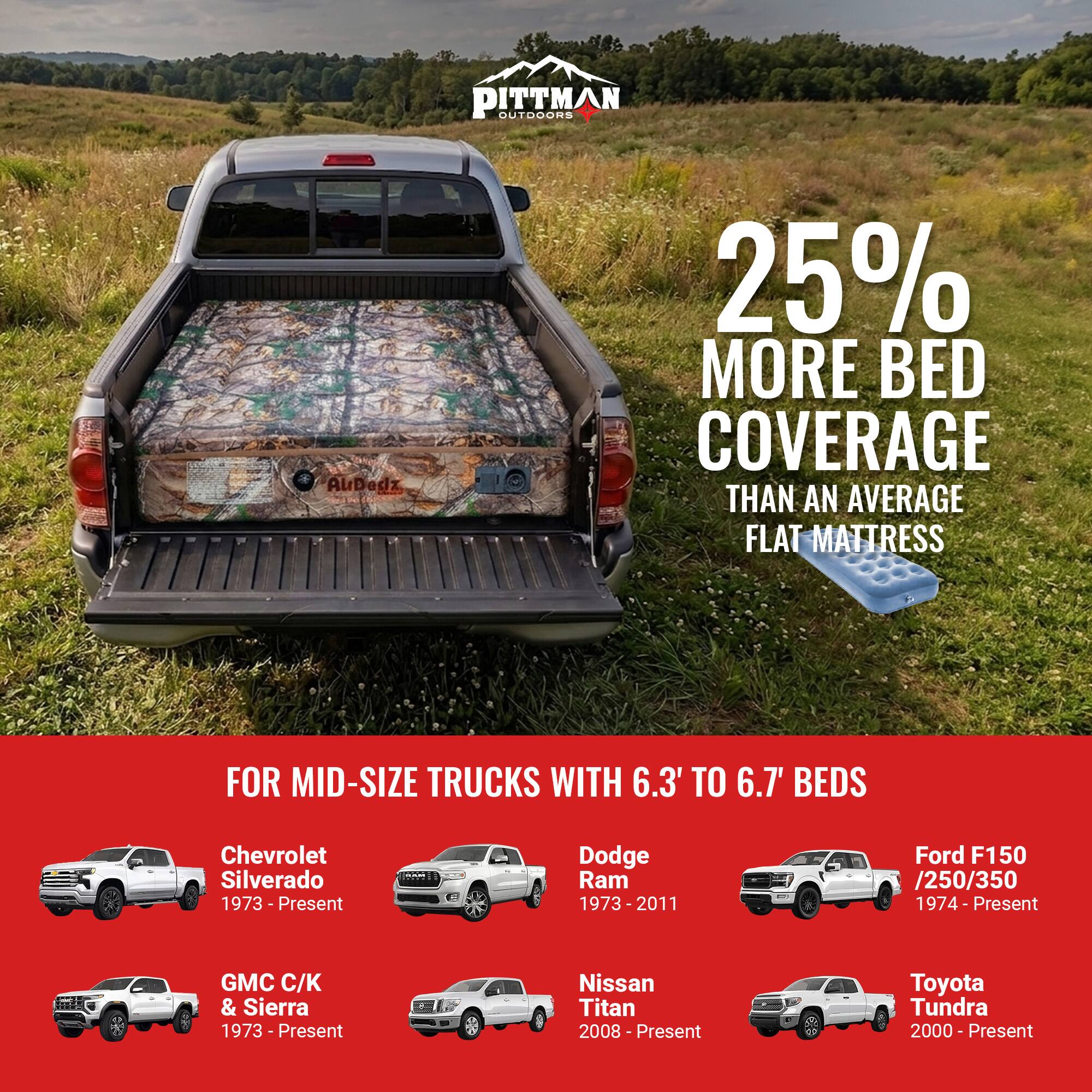 PITTMAN OUTDOORS

25% MORE BED COVERAGE THAN AN AVERAGE FLAT MATTRESS

FOR MID-SIZE TRUCKS WITH 6.3' TO 6.7' BEDS

- Chevrolet Silverado 1973 - Present
- Dodge Ram 1973 - 2011
- Ford F150 /250/350 1974 - Present
- GMC C/K & Sierra 1973 - Present
- Nissan Titan 2008 - Present
- Toyota Tundra 2000 - Present