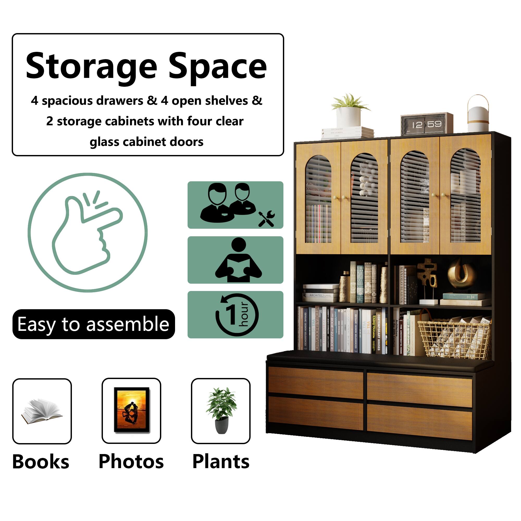 Storage Space: 4 spacious drawers & 4 open shelves & 2 storage cabinets with four clear glass cabinet doors

Easy to assemble: 1 hour

Books, Photos, Plants