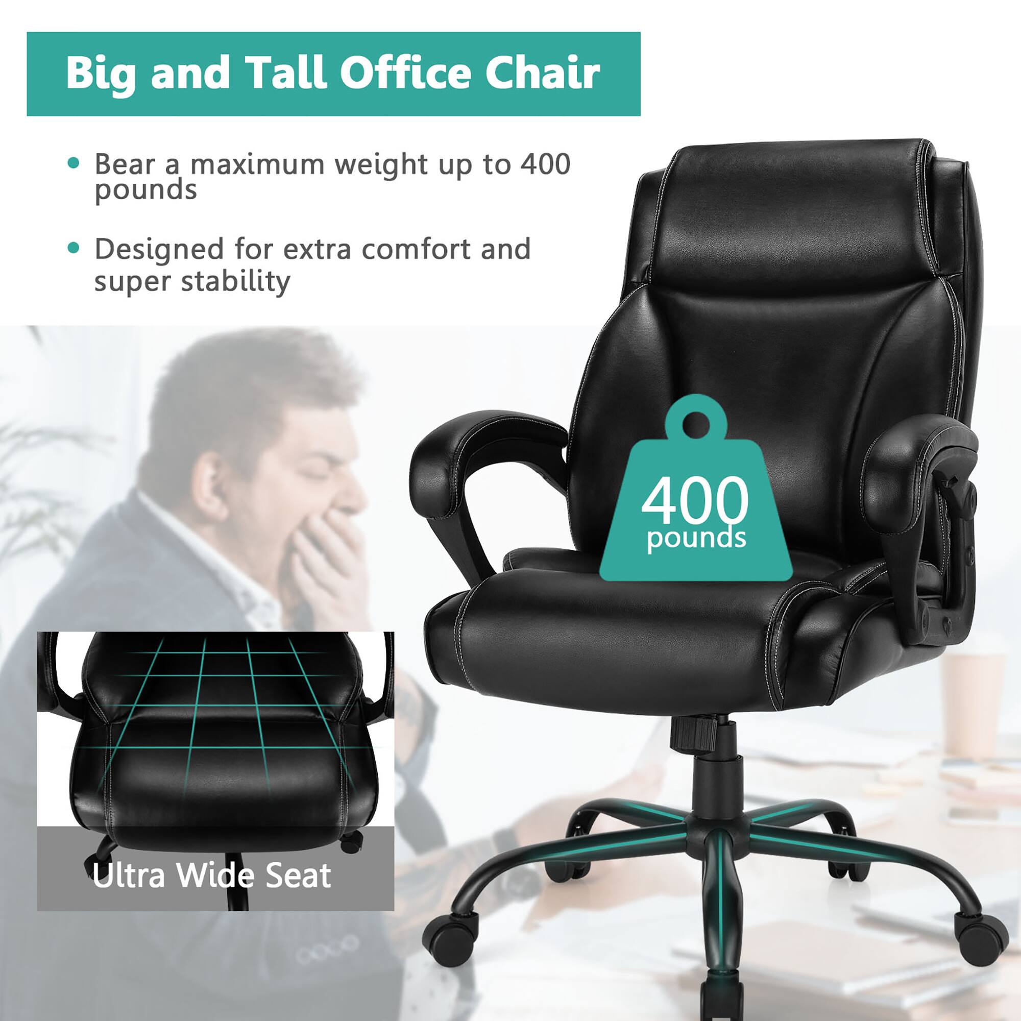 Big and Tall Office Chair Bear a maximum weight up to 400 pounds Designed for extra comfort and super stability 400 pounds Ultra Wide Seat.