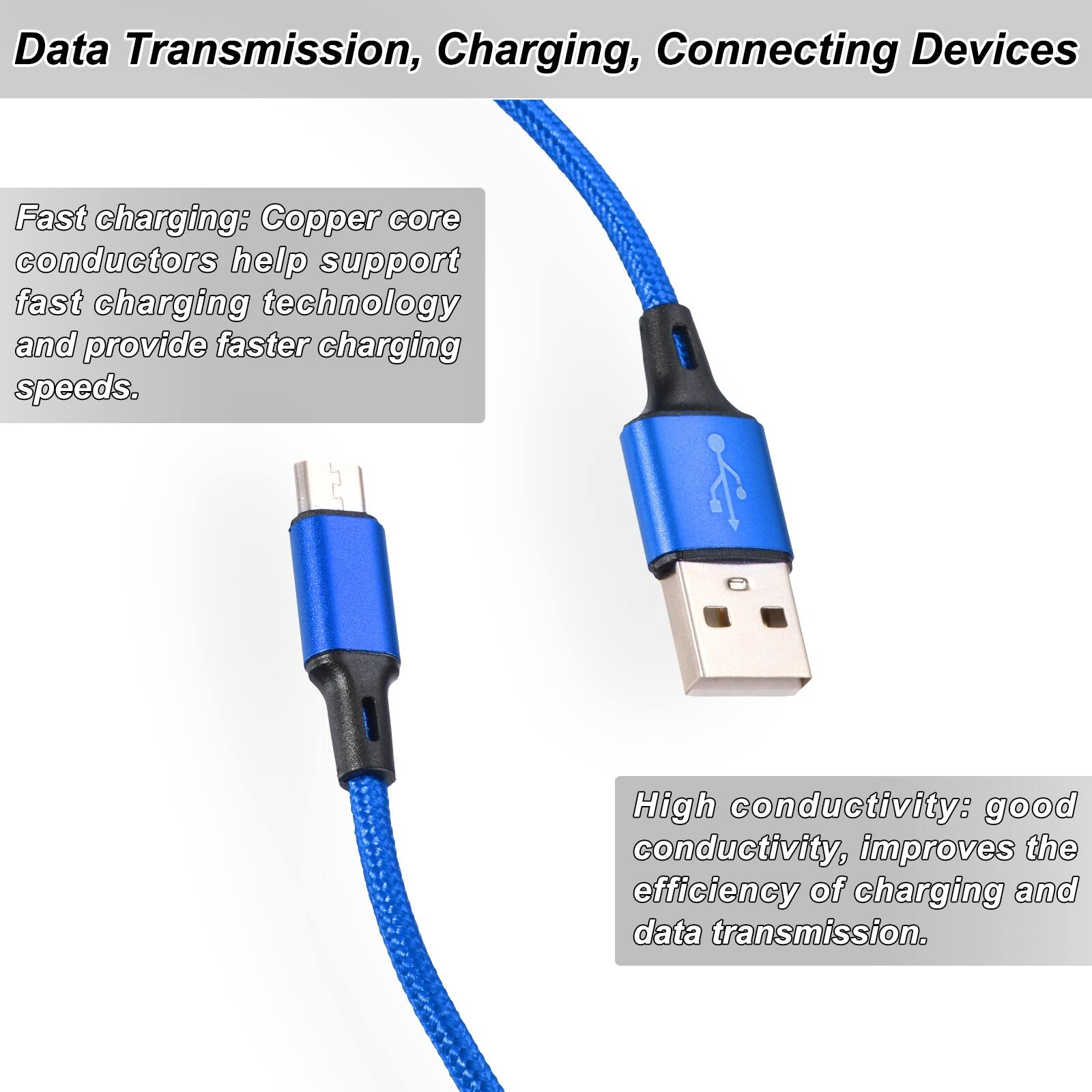 Data Transmission, Charging, Connecting Devices

Fast charging: Copper core conductors help support fast charging technology and provide faster charging speeds.

High conductivity: good conductivity, improves the efficiency of charging and data transmission.
