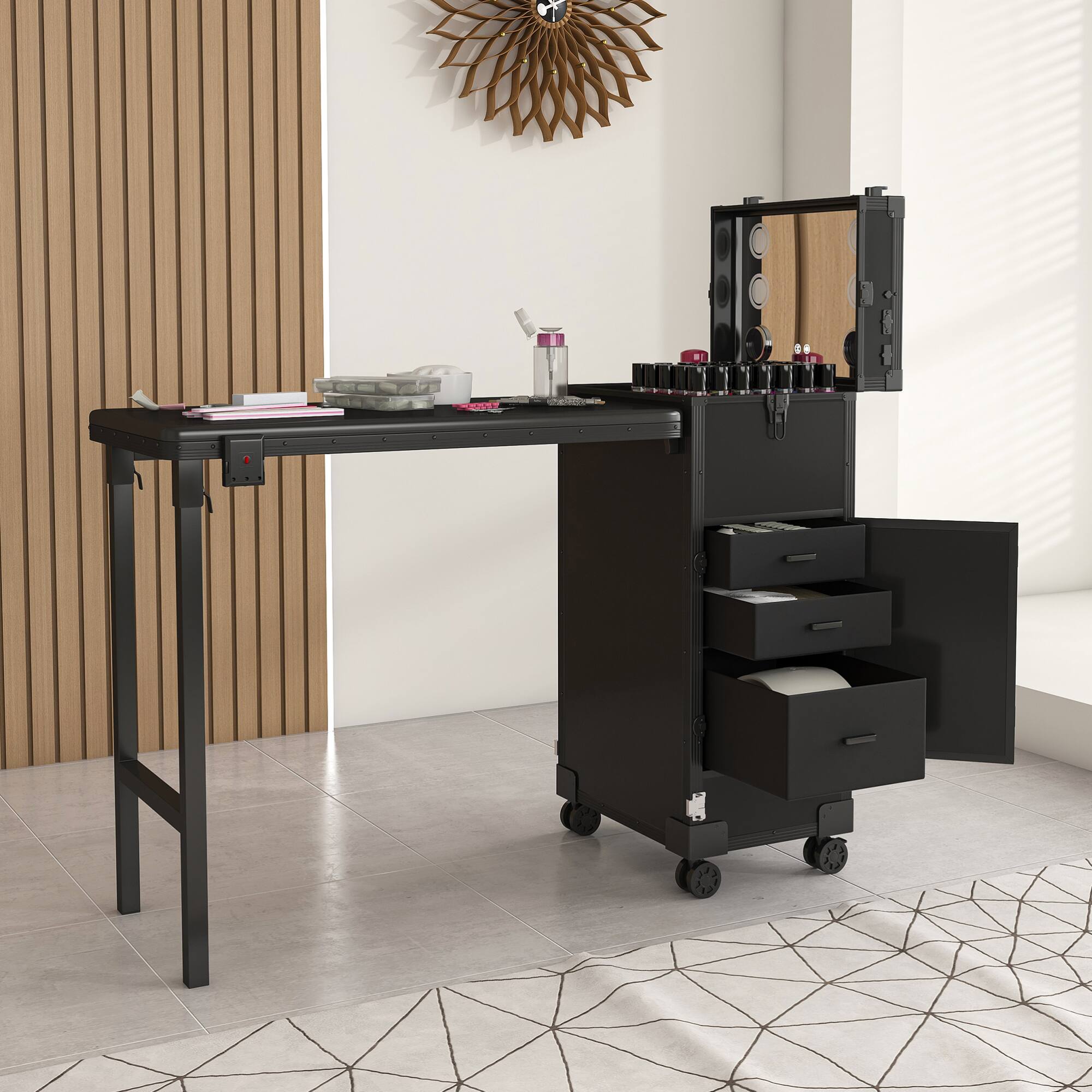 Front. GOODSILO - Professional Folding Nail Art Table with LED Mirror Bluetooth Speaker Lockable Drawers Telescopic Pole Salon Station - Black.