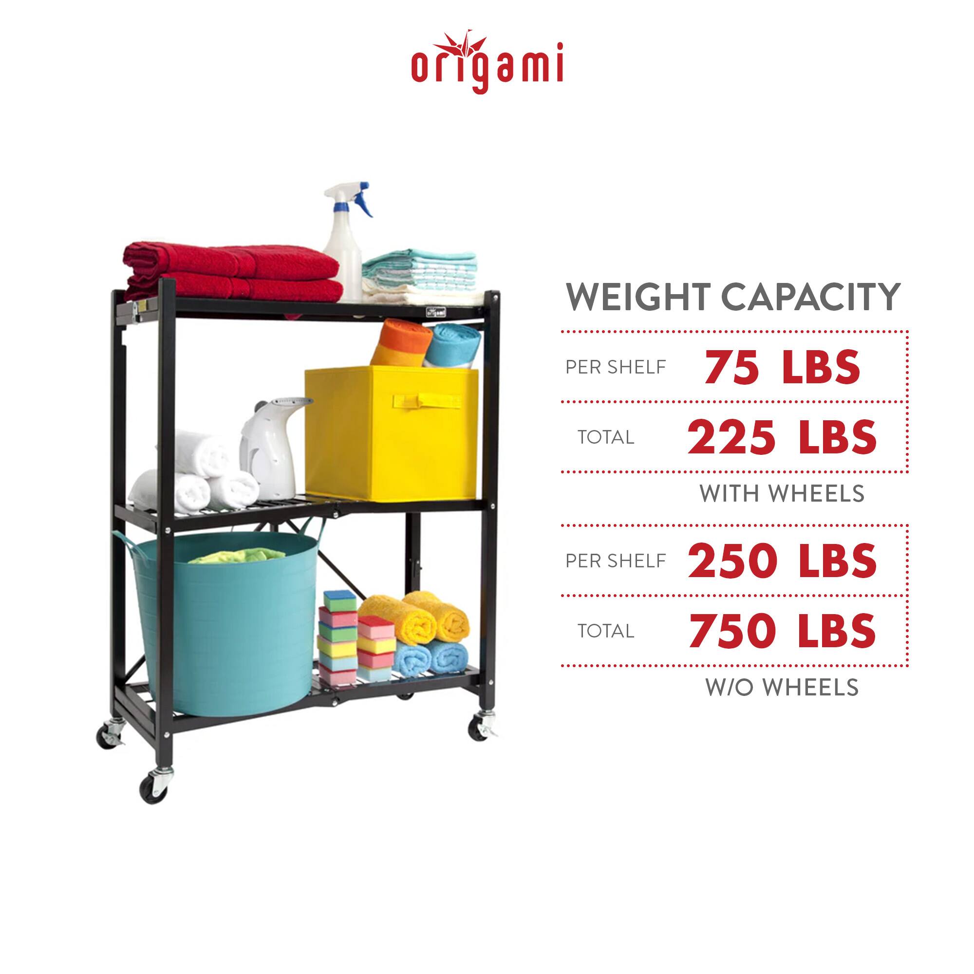 **Weight Capacity**

- **Per Shelf:** 75 LBS
- **Total:** 225 LBS

**With Wheels**

- **Per Shelf:** 250 LBS
- **Total:** 750 LBS

**W/O Wheels**
